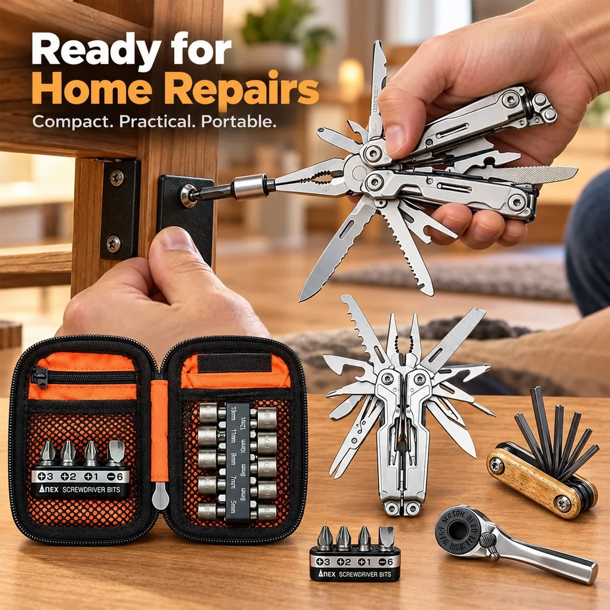 🔥🎁Portable EDC Repair Tool Kit, Multi-functional Hand Tool Set with Socket Wrench, Screwdriver Bits, Hex Keys & Multitool, Compact Zipper Storage Pouch