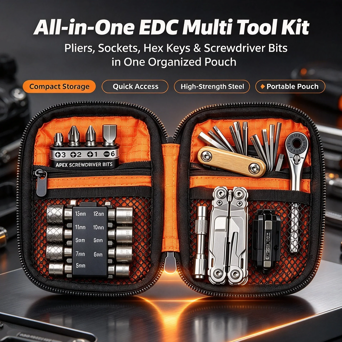 🔥🎁Portable EDC Repair Tool Kit, Multi-functional Hand Tool Set with Socket Wrench, Screwdriver Bits, Hex Keys & Multitool, Compact Zipper Storage Pouch