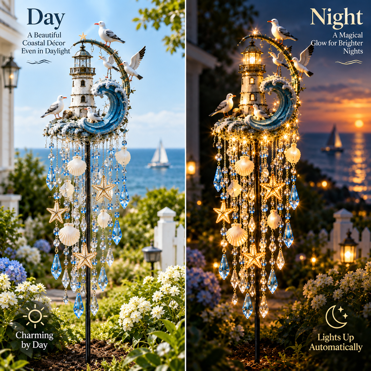 🌊 Lighthouse Tide Glow – Solar Lighthouse Garden Stake Light with Crystal Tassels