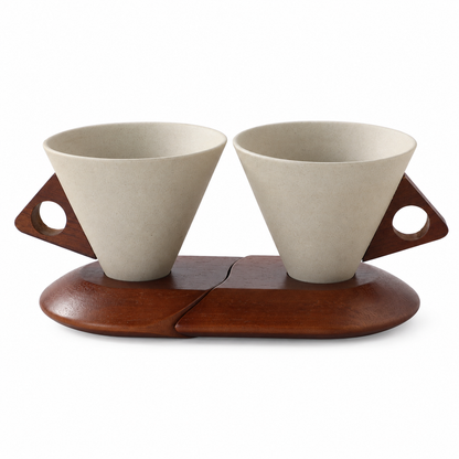 ☕Wabi-Sabi Conical Ceramic Coffee Mug with Acacia Wood Base