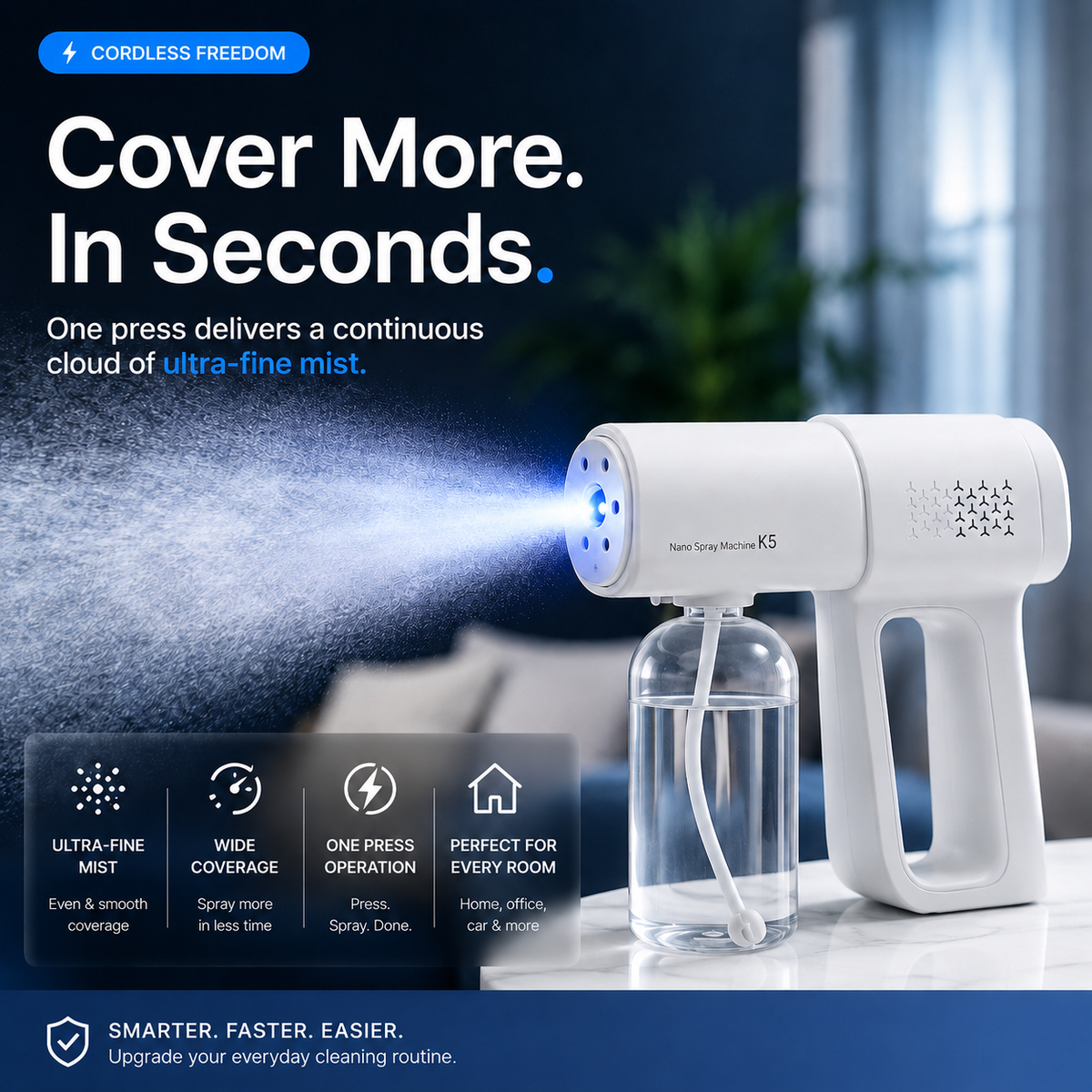 💨 Cordless Fine Mist Sprayer with 2 Spray Modes & Blue Light