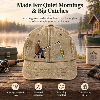 🎣 Catch of the Day Interactive Fishing Cap – Vintage Washed Moving Fish Hat