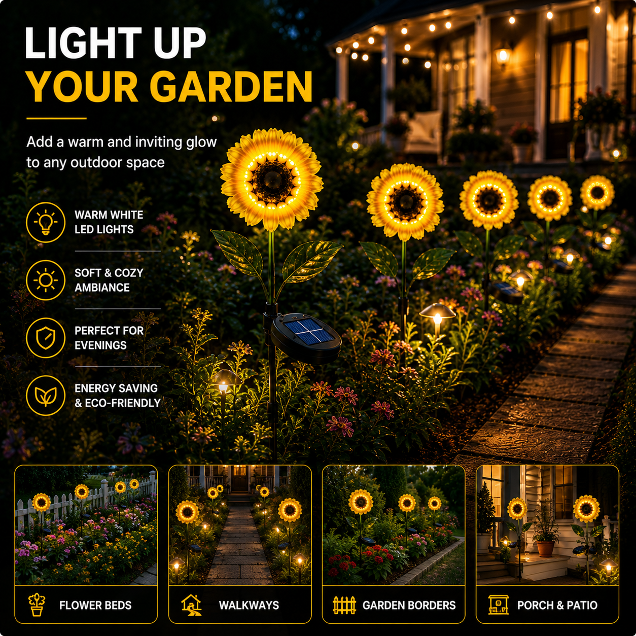 Luces solares de girasol para jardín
