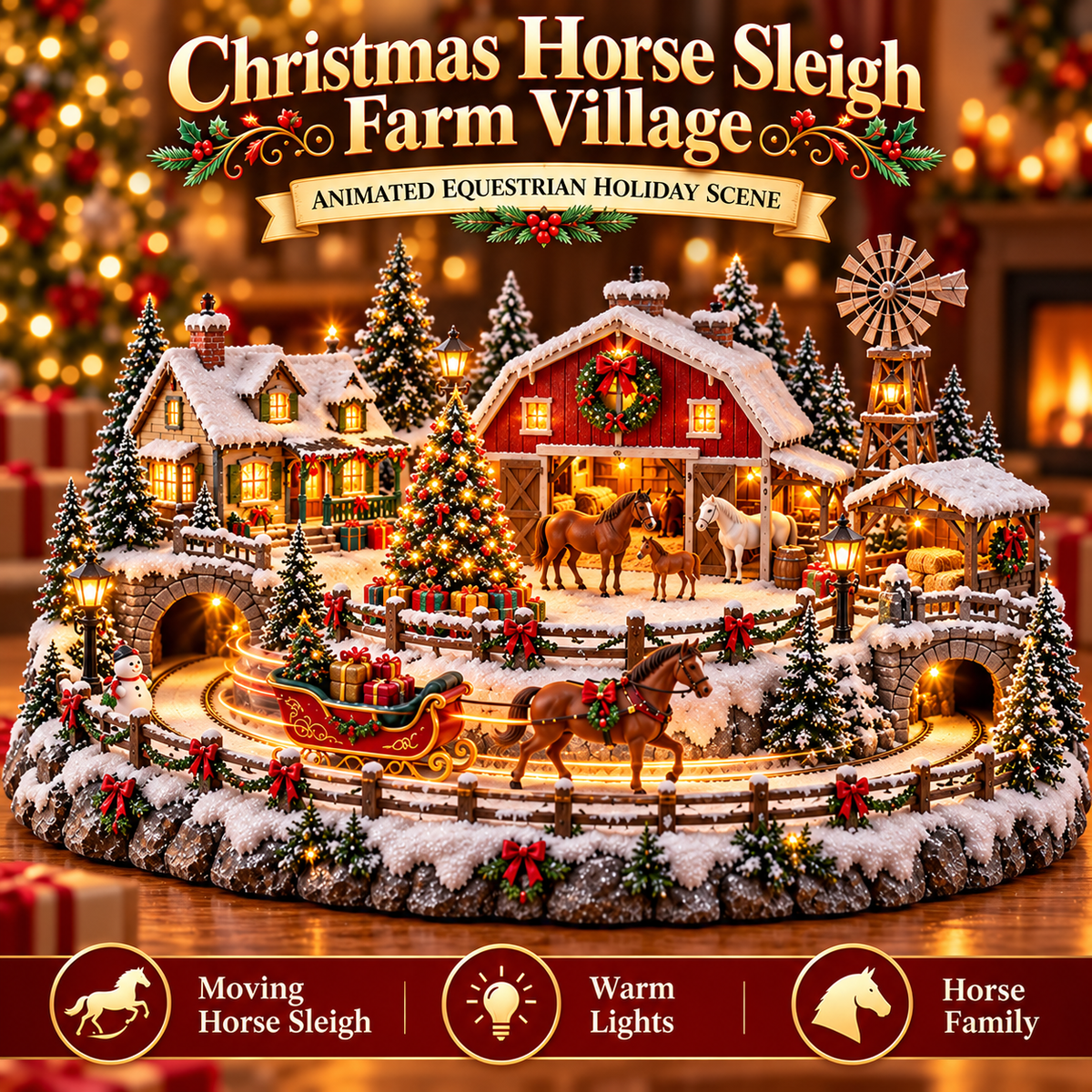 🐎 Christmas Horse Sleigh Farm Village – Lighted Equestrian Holiday Scene