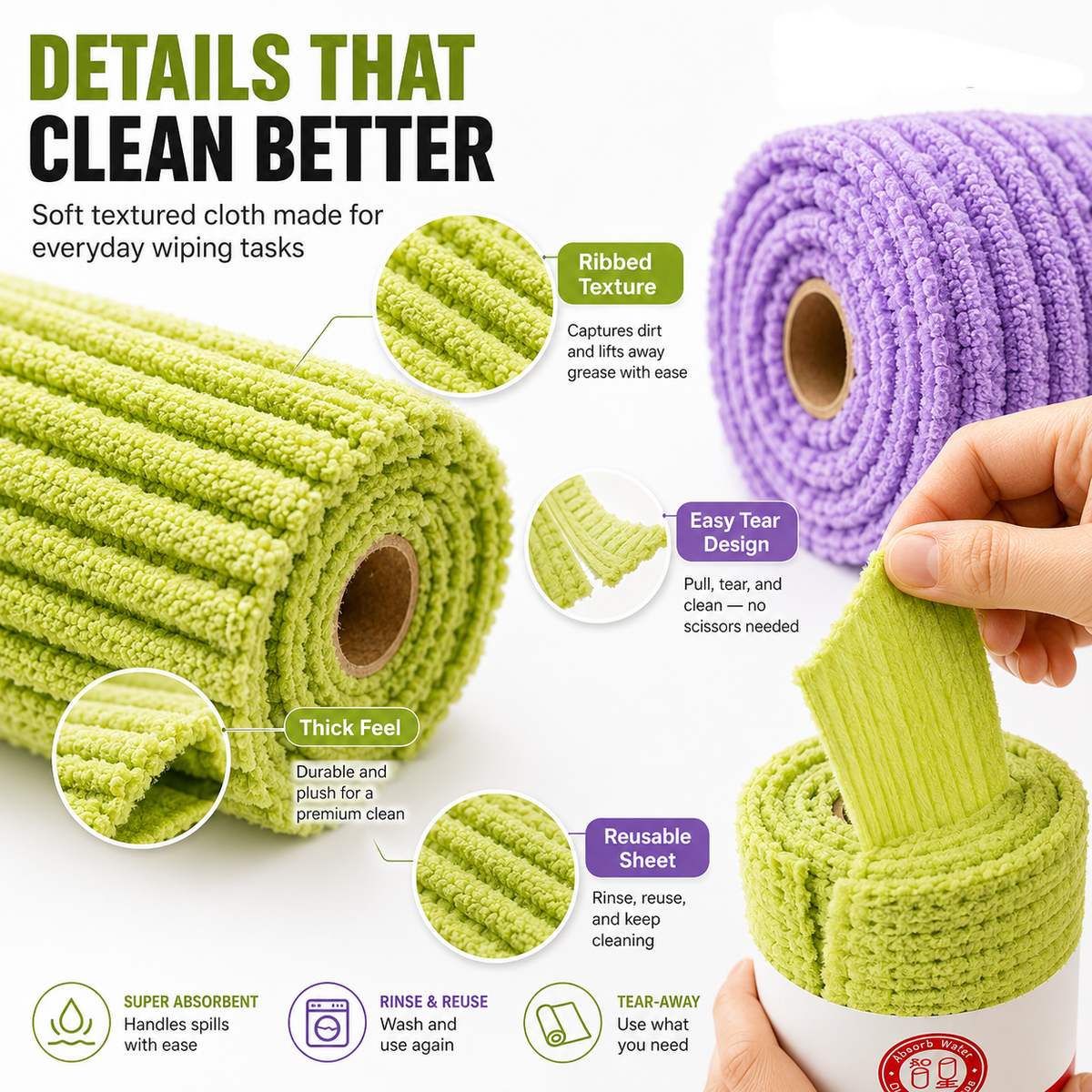 Multipurpose Reusable Tear-Off Cleaning Cloth Roll，Limited time: Buy one, get one free!