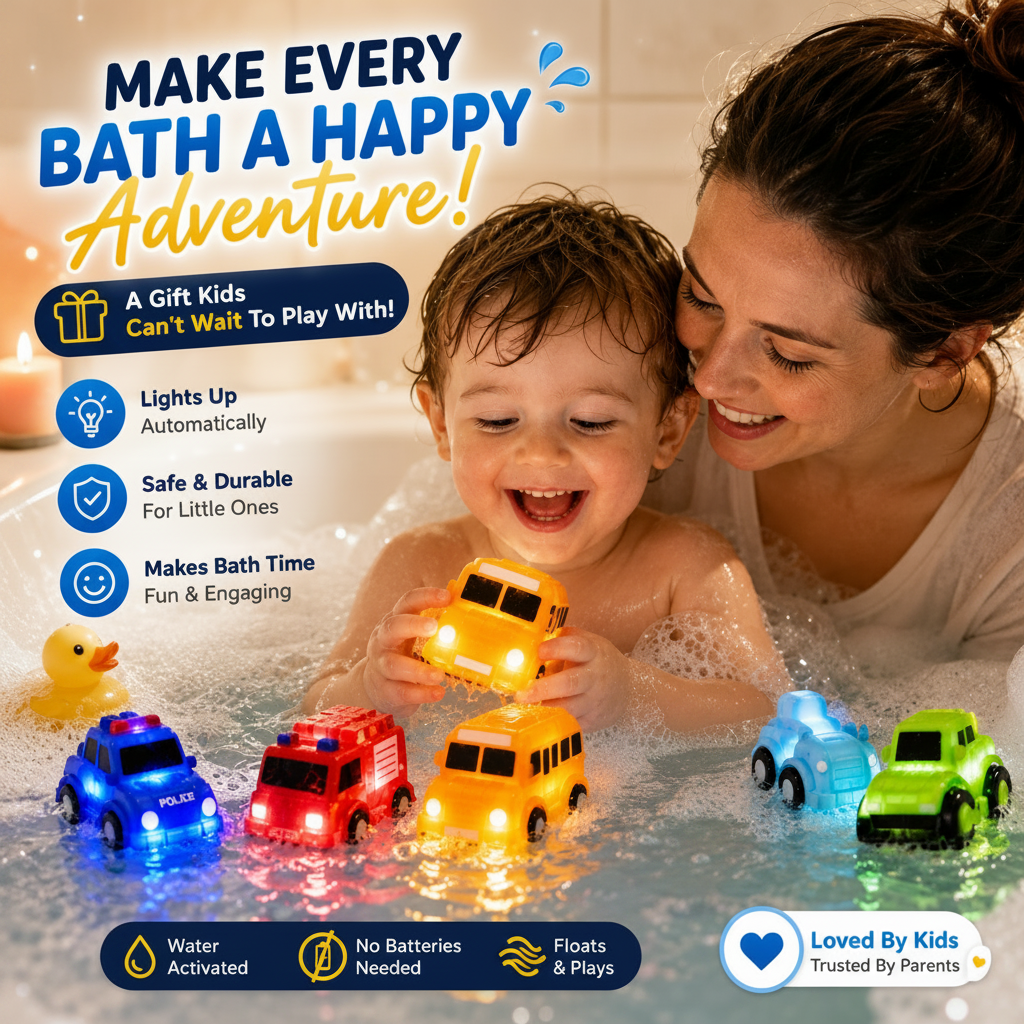 🚗 Water-Activated Light-Up Bath Toy Cars for Kids