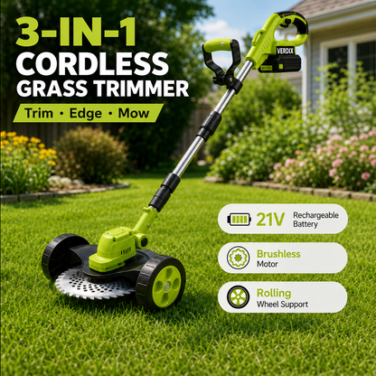 21V Cordless 3-in-1 Grass Trimmer, Edger & Mini Lawn Mower with 2 Batteries
