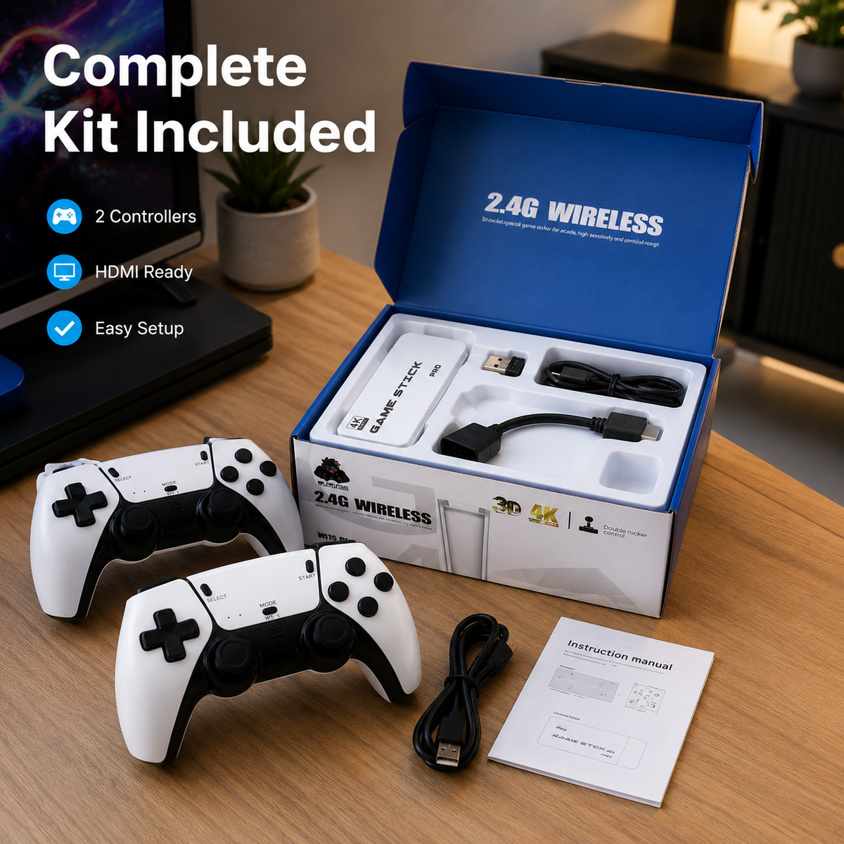 🎮 4K Retro Game Stick with Built-In Games & Dual Wireless Controllers