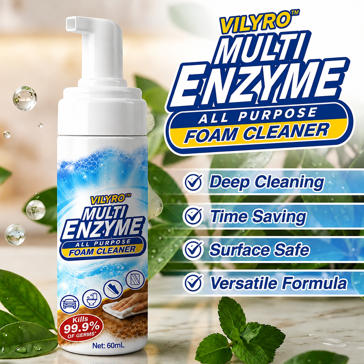 ✨Vilyro™ Multi-Enzyme Foam Cleaner🫧 | Dissolves Grease, Grime, Food Stains & Everyday Messes | No-Scrub Spray-and-Wipe Formula | Gentle Multi-Surface Cleaner for Kitchen, Bathroom, Sofa & Car