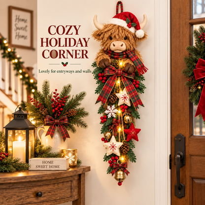 🔥Last Day 49% OFF✨🎄 Lighted Highland Cow Christmas Door Swag – A Cozy Holiday Welcome