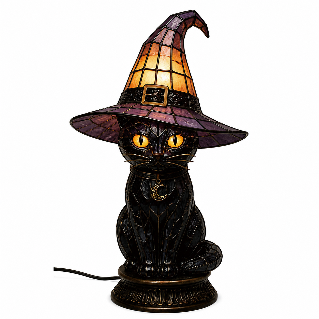 🧙‍♀️Exclusive Limited Item 🔥50%OFF🐈‍⬛ Gothic Stained Glass Witch Black Cat Table Lamp | Halloween Witch Hat Night Light Decor