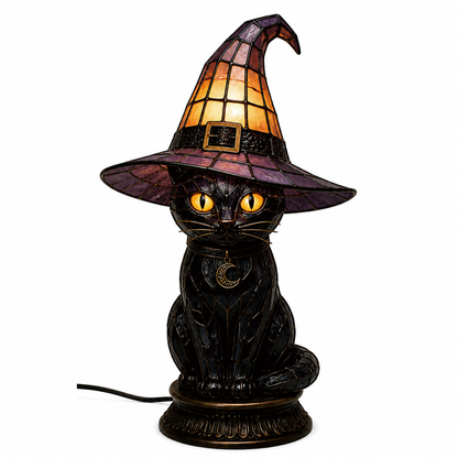 🧙‍♀️Exclusive Limited Item 🔥50%OFF🐈‍⬛ Gothic Stained Glass Witch Black Cat Table Lamp | Halloween Witch Hat Night Light Decor