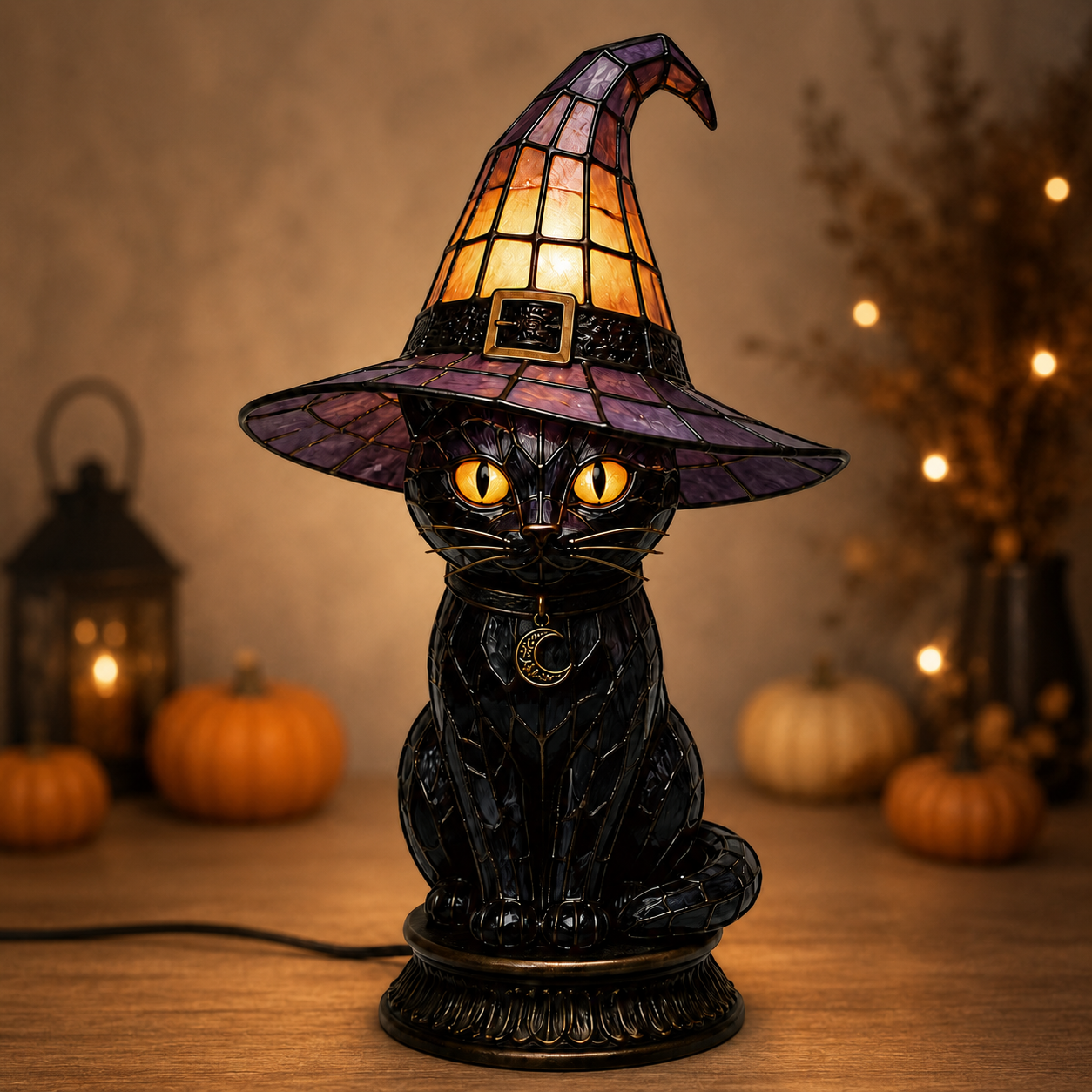 🧙‍♀️Exclusive Limited Item 🔥50%OFF🐈‍⬛ Gothic Stained Glass Witch Black Cat Table Lamp | Halloween Witch Hat Night Light Decor