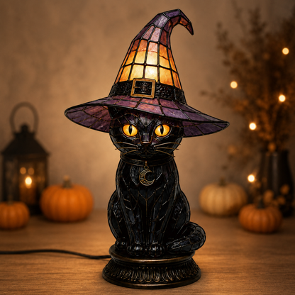 🧙‍♀️Exclusive Limited Item 🔥50%OFF🐈‍⬛ Gothic Stained Glass Witch Black Cat Table Lamp | Halloween Witch Hat Night Light Decor