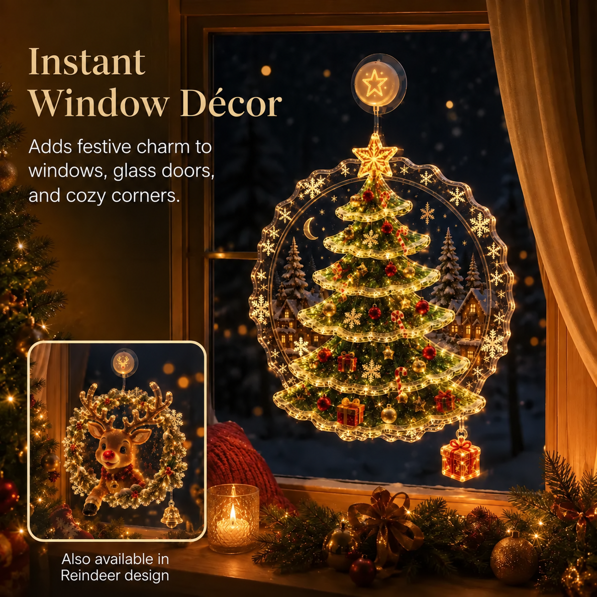 ✈️Last Day 50% OFF✨🎄Lighted Christmas Window Decoration with Suction Cup | Flat Version Warm LED Window Light with Double-Layer Design & Multiple Festive Styles✨