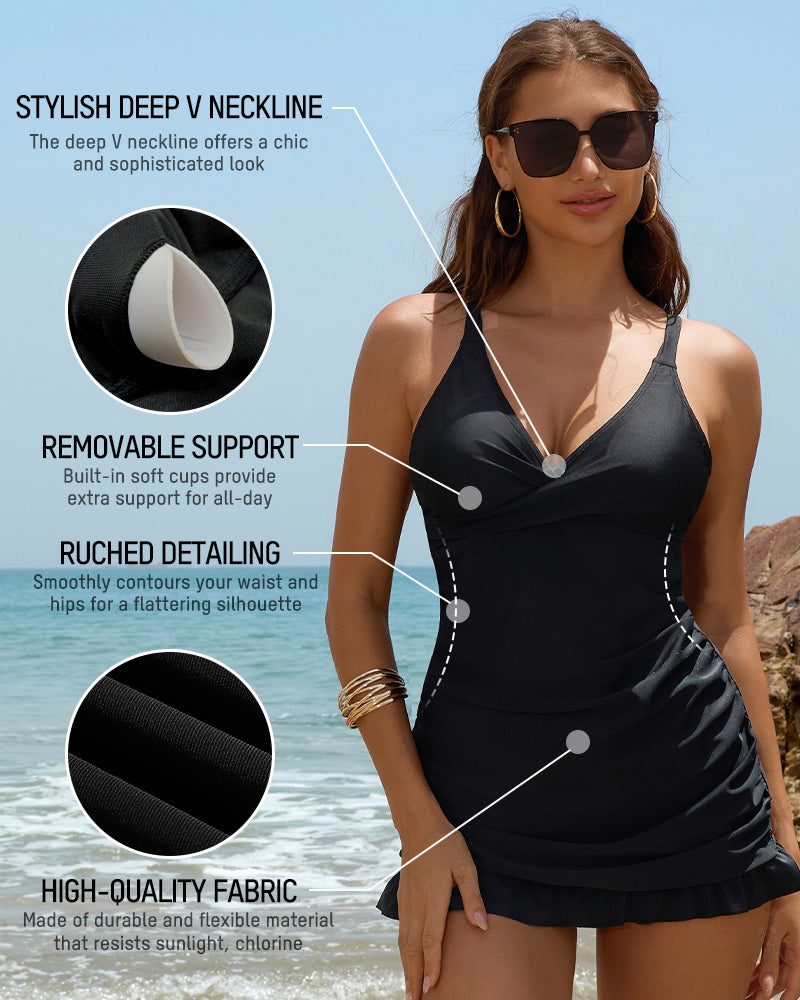 Deep V Cross-Back Ruched One-Piece Swimsuit2