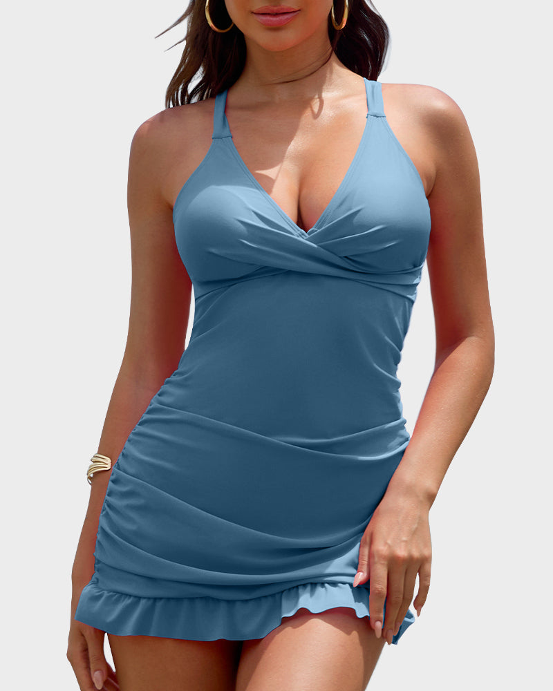 Deep V Cross-Back Ruched One-Piece Swimsuit2