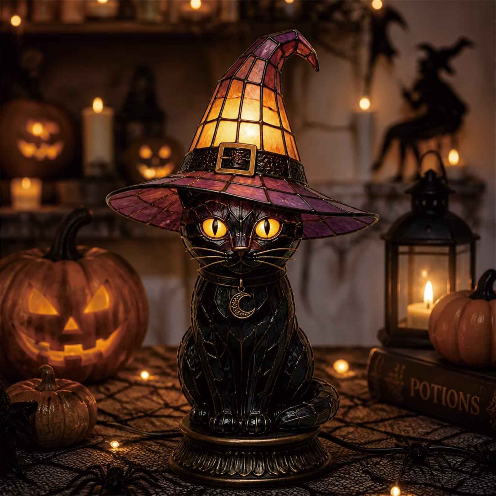 🧙‍♀️Exclusive Limited Item 🔥50%OFF🐈‍⬛ Gothic Stained Glass Witch Black Cat Table Lamp | Halloween Witch Hat Night Light Decor