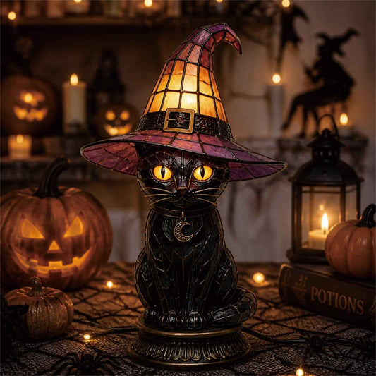 🧙‍♀️Exclusive Limited Item 🔥50%OFF🐈‍⬛ Gothic Stained Glass Witch Black Cat Table Lamp | Halloween Witch Hat Night Light Decor