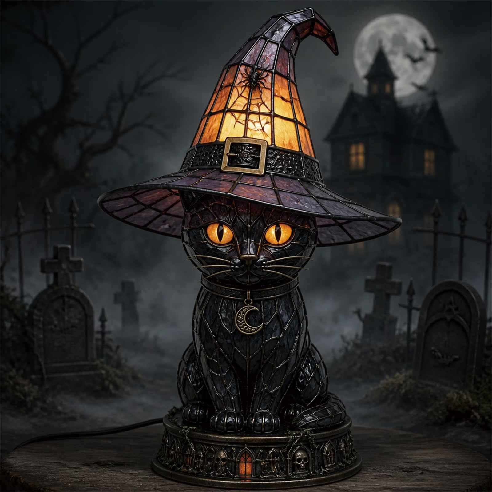 🧙‍♀️Exclusive Limited Item 🔥50%OFF🐈‍⬛ Gothic Stained Glass Witch Black Cat Table Lamp | Halloween Witch Hat Night Light Decor