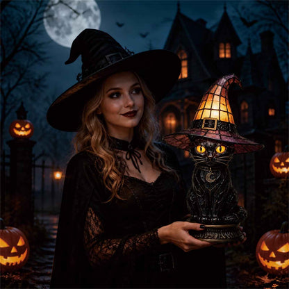 🧙‍♀️Exclusive Limited Item 🔥50%OFF🐈‍⬛ Gothic Stained Glass Witch Black Cat Table Lamp | Halloween Witch Hat Night Light Decor