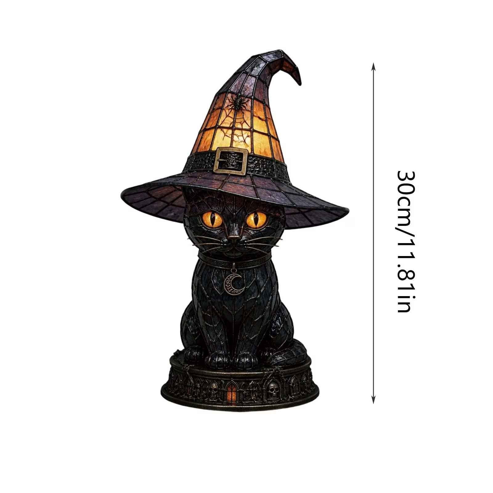 🧙‍♀️Exclusive Limited Item 🔥50%OFF🐈‍⬛ Gothic Stained Glass Witch Black Cat Table Lamp | Halloween Witch Hat Night Light Decor