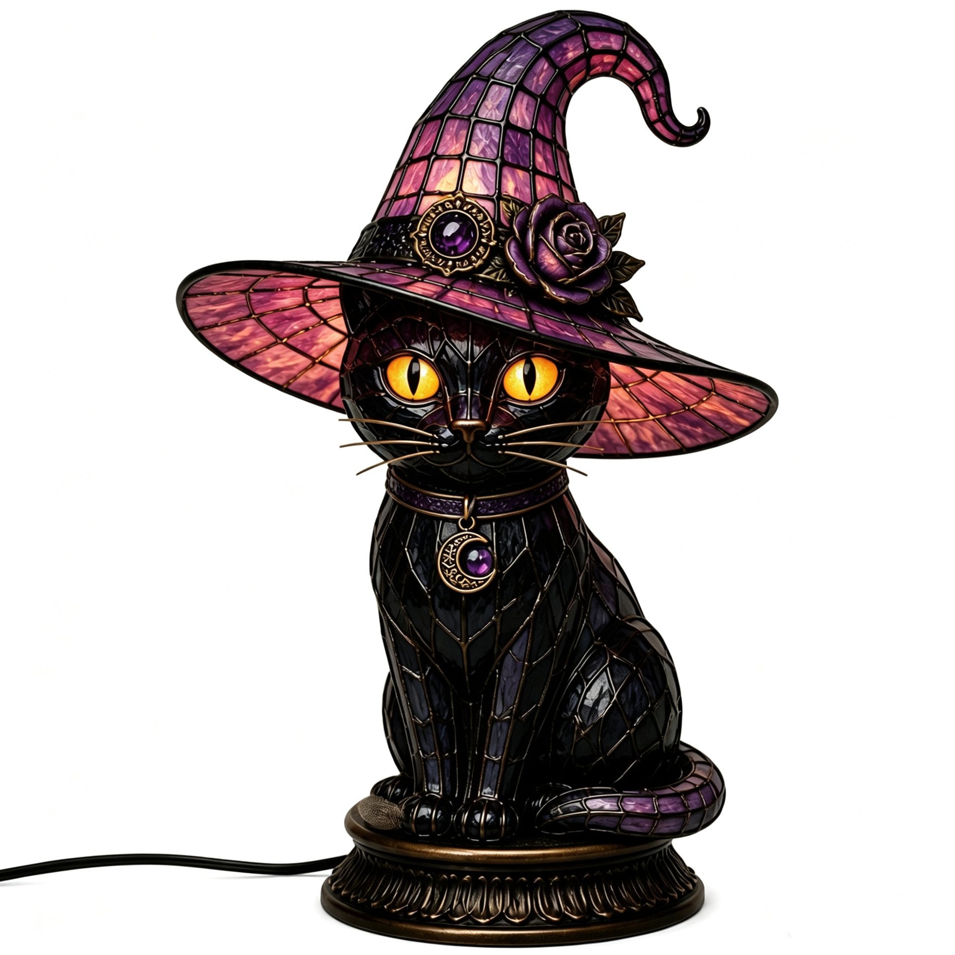 🧙‍♀️Exclusive Limited Item 🔥50%OFF🐈‍⬛ Gothic Stained Glass Witch Black Cat Table Lamp | Halloween Witch Hat Night Light Decor