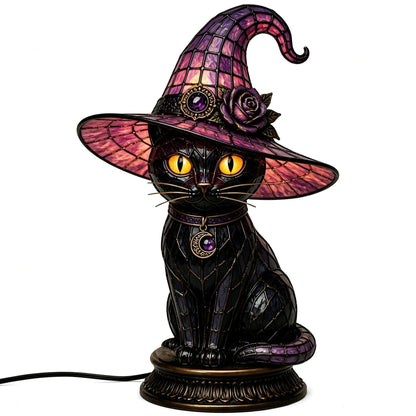 🧙‍♀️Exclusive Limited Item 🔥50%OFF🐈‍⬛ Gothic Stained Glass Witch Black Cat Table Lamp | Halloween Witch Hat Night Light Decor