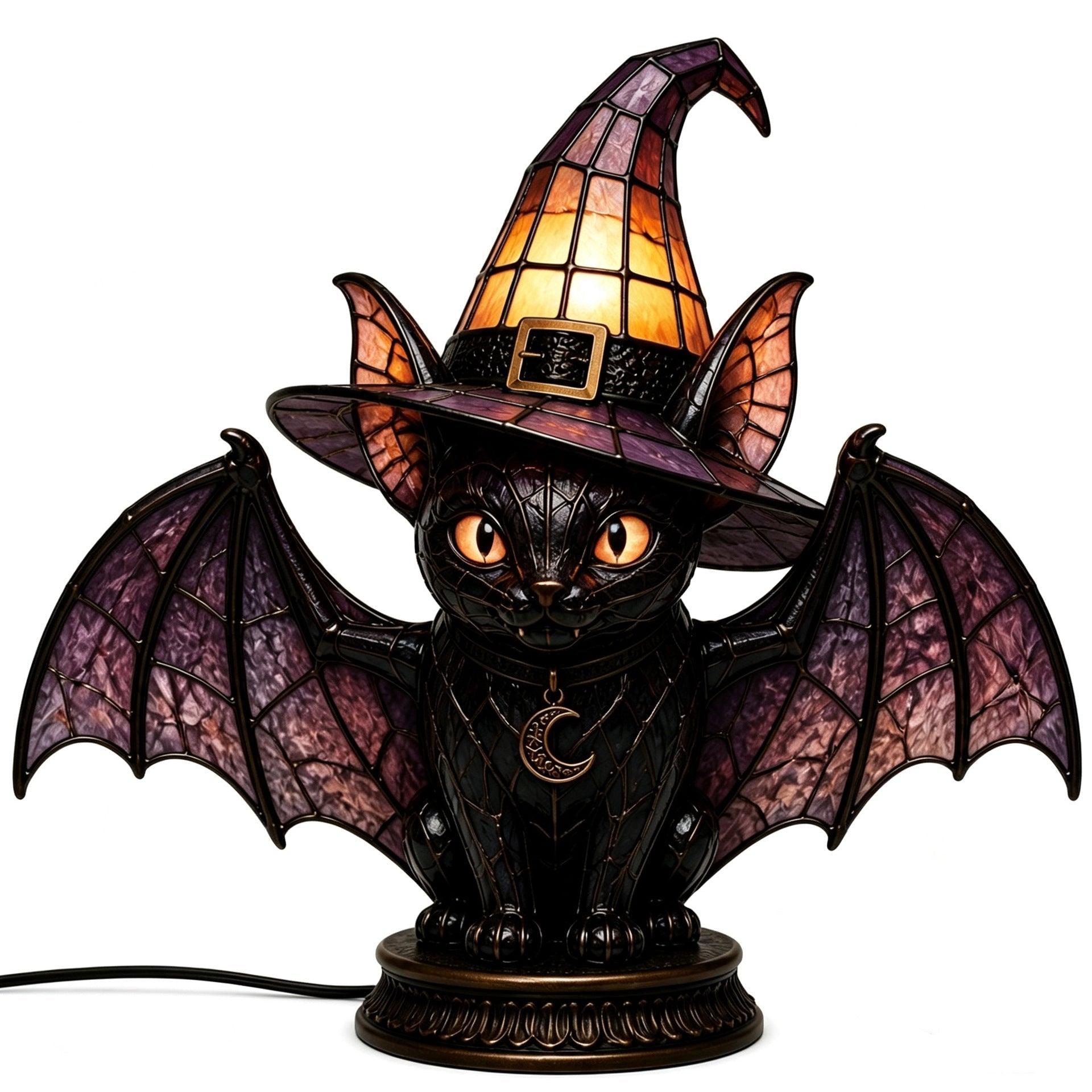 🧙‍♀️Exclusive Limited Item 🔥50%OFF🐈‍⬛ Gothic Stained Glass Witch Black Cat Table Lamp | Halloween Witch Hat Night Light Decor