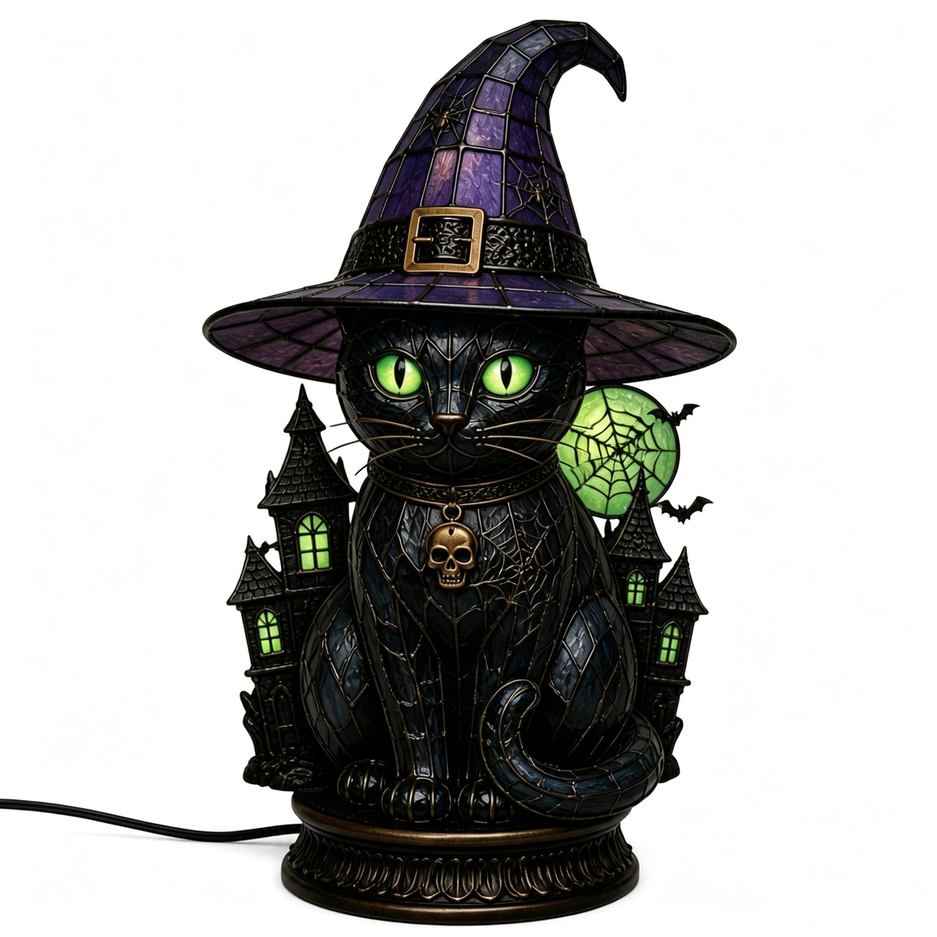 🧙‍♀️Exclusive Limited Item 🔥50%OFF🐈‍⬛ Gothic Stained Glass Witch Black Cat Table Lamp | Halloween Witch Hat Night Light Decor