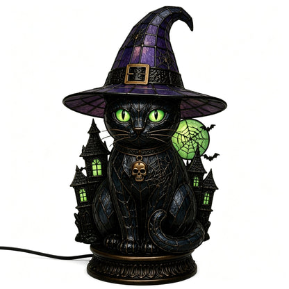 🧙‍♀️Exclusive Limited Item 🔥50%OFF🐈‍⬛ Gothic Stained Glass Witch Black Cat Table Lamp | Halloween Witch Hat Night Light Decor