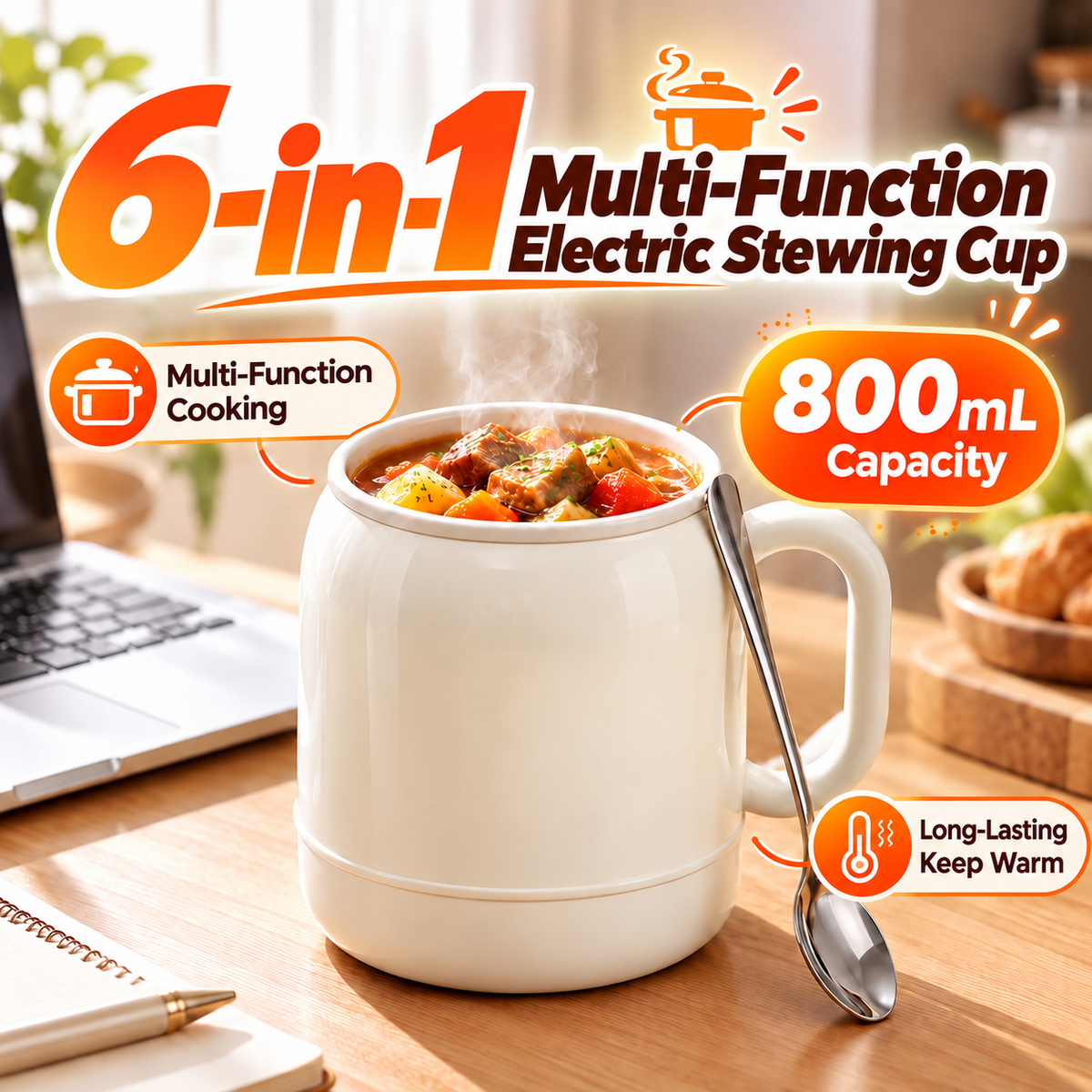🍜 800mL Mini Electric Stewing Cup – Portable Multi-Function Cooker for Easy Meals