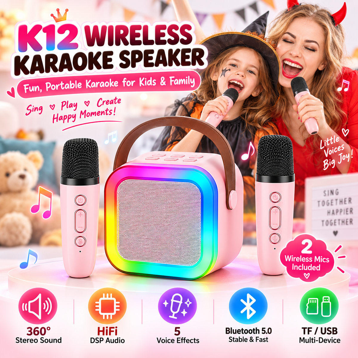 Portable Bluetooth Karaoke Speaker with 2 Wireless Microphones & RGB Lights