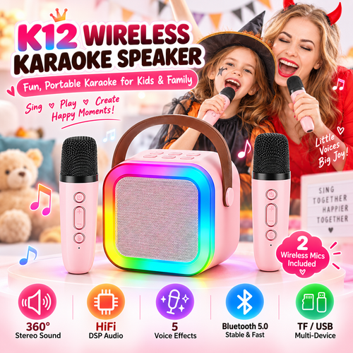 Portable Bluetooth Karaoke Speaker with 2 Wireless Microphones & RGB Lights