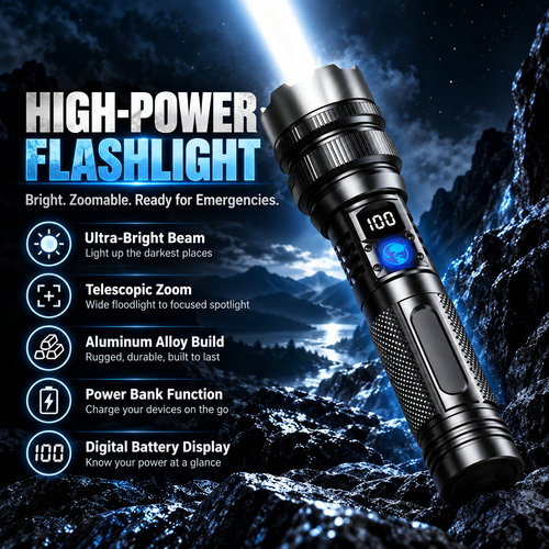 High-Power Rechargeable Zoom Flashlight with Digital Battery Display
