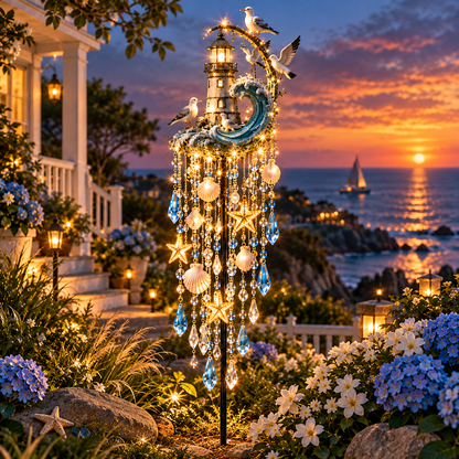 🌊 Lighthouse Tide Glow – Solar Lighthouse Garden Stake Light with Crystal Tassels