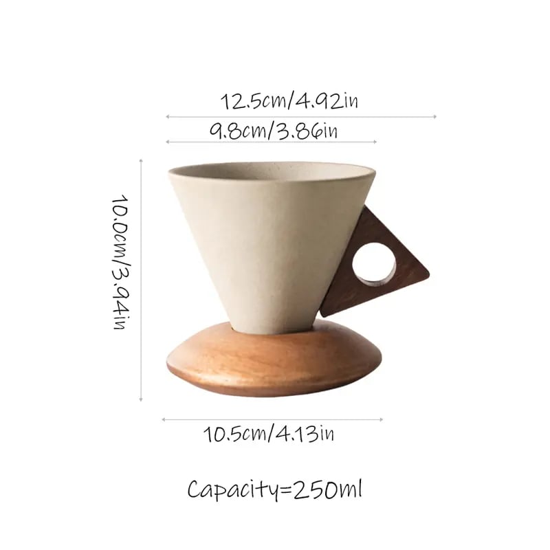 ☕Wabi-Sabi Conical Ceramic Coffee Mug with Acacia Wood Base