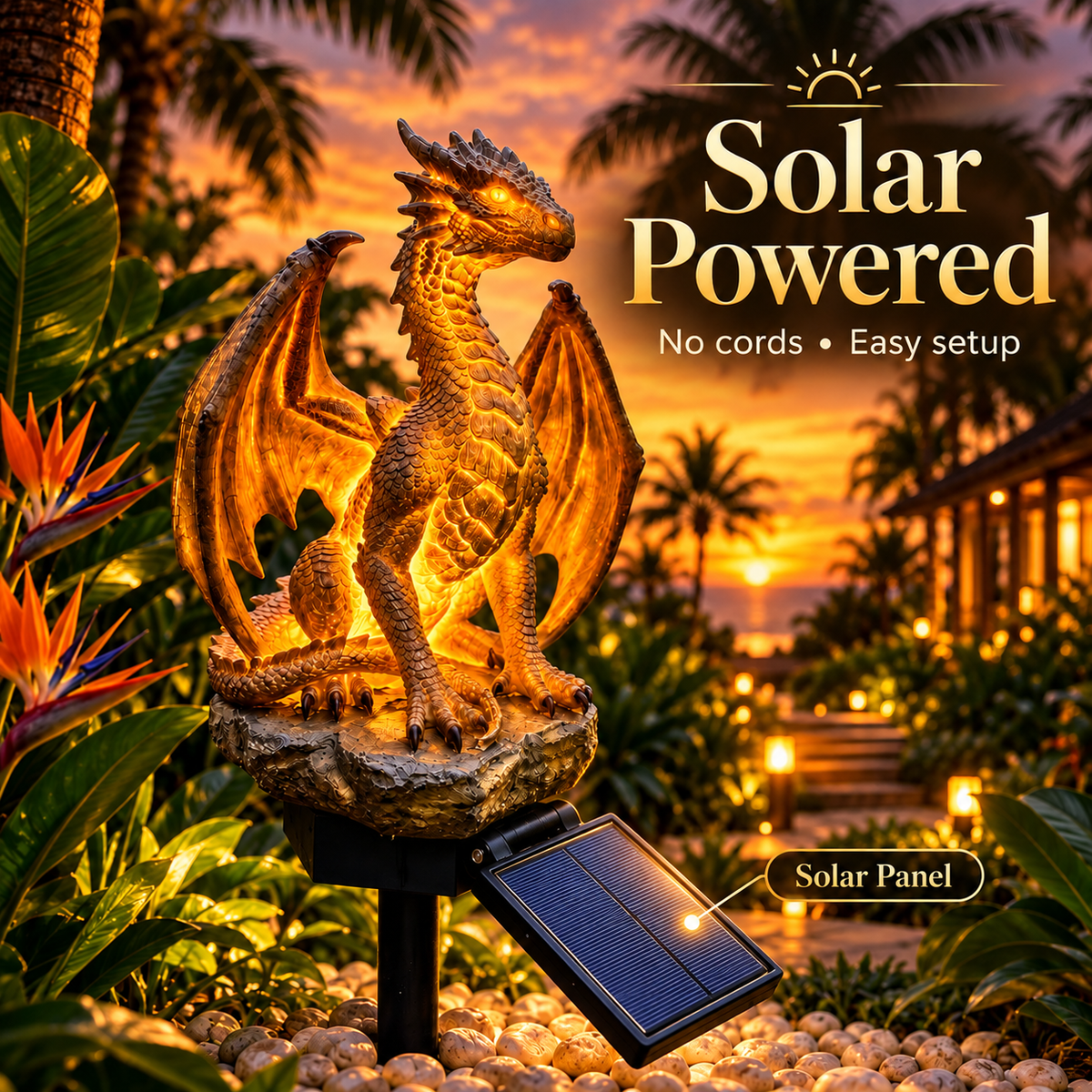 🐉 Glowing Solar Dragon Garden Statue – Golden Ember Light