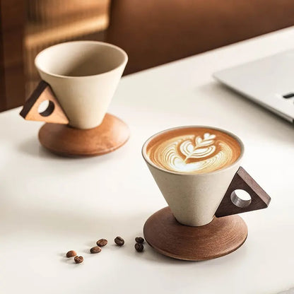 ☕Wabi-Sabi Conical Ceramic Coffee Mug with Acacia Wood Base