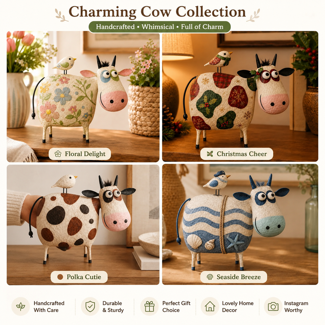 Whimsical Cow & Bird Folk Art Figurine – Rustic Farmhouse Tabletop Decor Gift