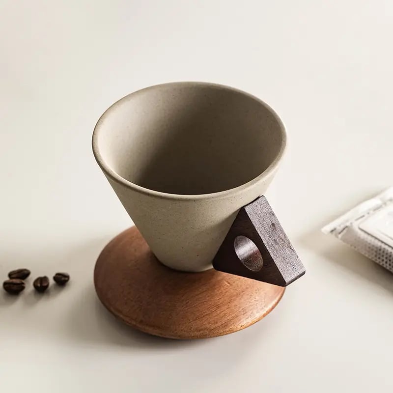 ☕Wabi-Sabi Conical Ceramic Coffee Mug with Acacia Wood Base