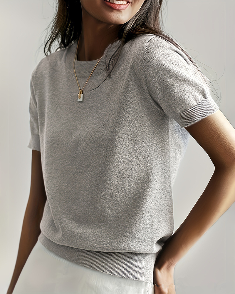 Women's Solid Color Crew Neck Short Sleeve Sweater
