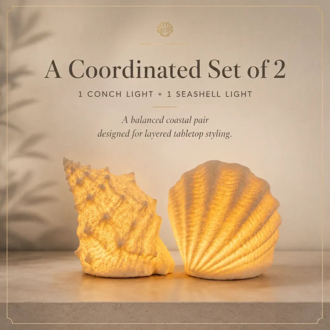 🐚 Cordless Shell & Conch Ambient Light Set – Coastal Glow Decor