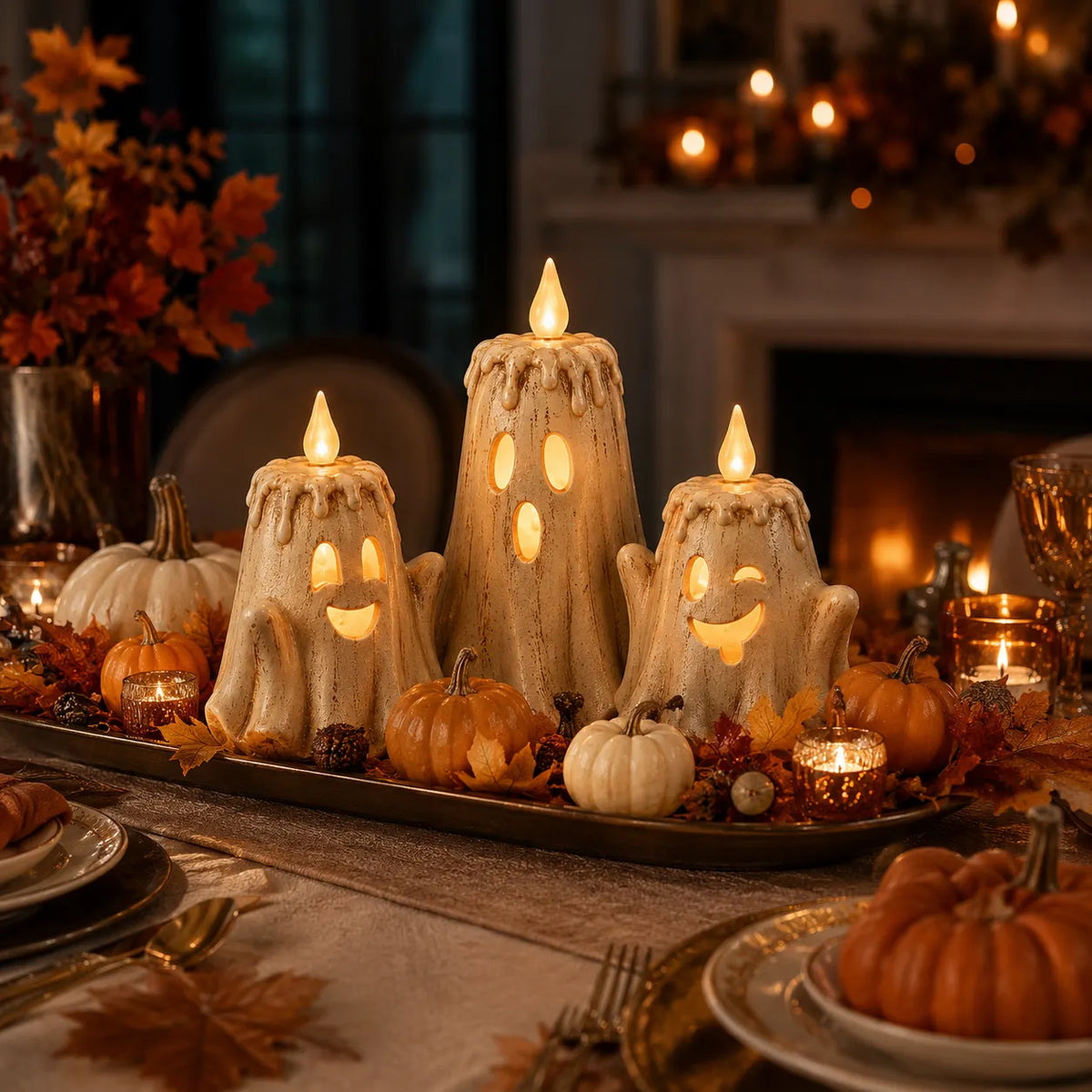 3-Piece Glowing Ghost Candle Set – Cozy Halloween Decor