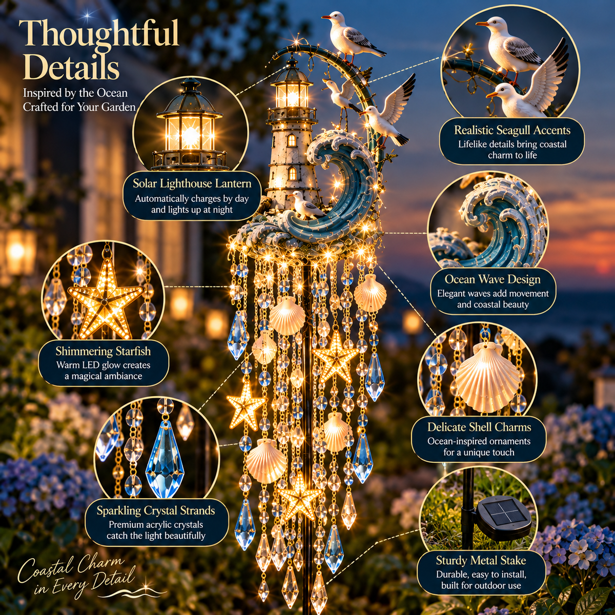 🌊 Lighthouse Tide Glow – Solar Lighthouse Garden Stake Light with Crystal Tassels