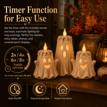 3-Piece Glowing Ghost Candle Set – Cozy Halloween Decor