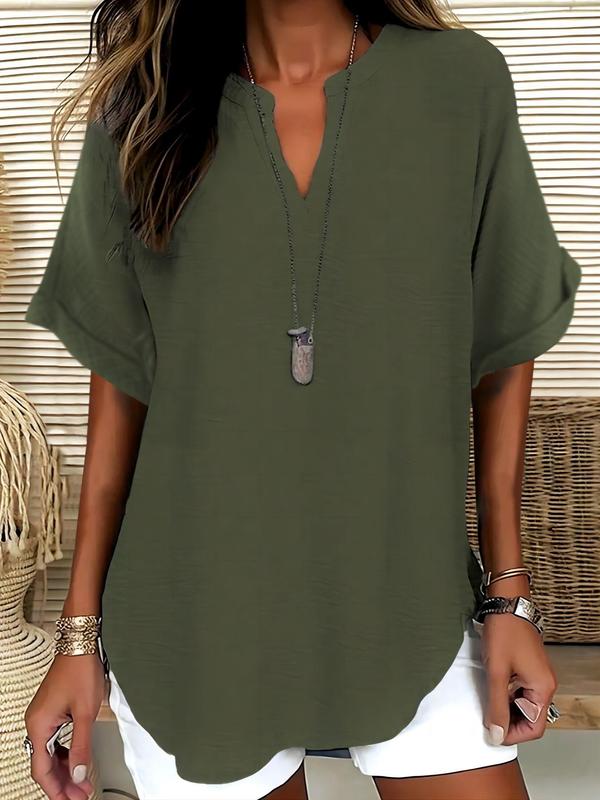 Women's Plain Shortsleeve Blouse, Casual Solid Color Top for Daily Wear, Ladies Clothes for All Seasons