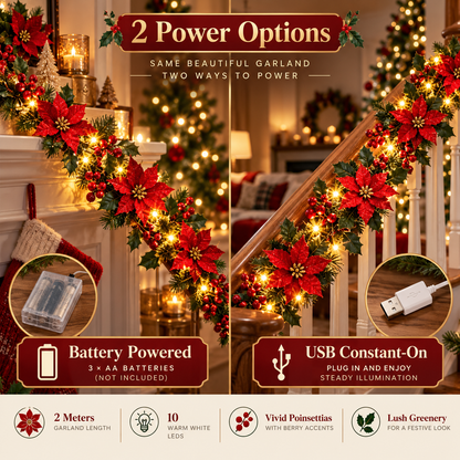 😍 🎄 Poinsettia Flower String Lights – 2M Warm LED Garland with Red Flowers & Holly Leaves