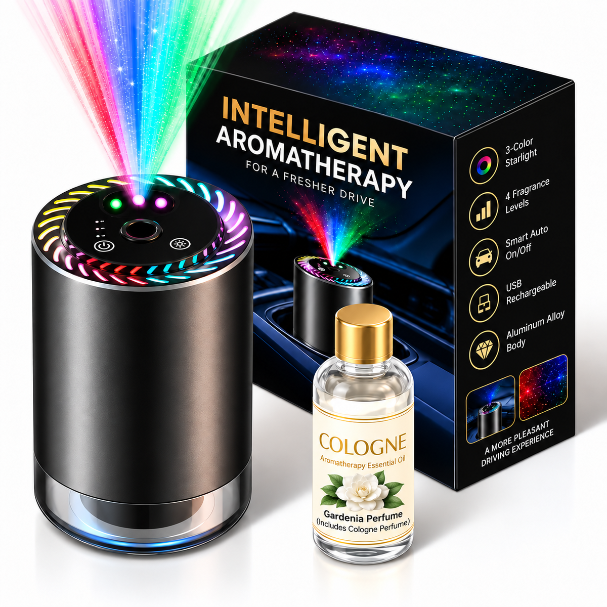 Smart Car Fragrance Diffuser – 3-Color Starlight & Auto On/Off