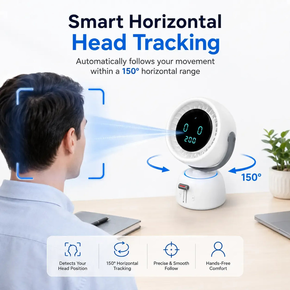❄️ Smart Face-Tracking Desk Fan – 200-Speed Quiet Cooling & Digital Display